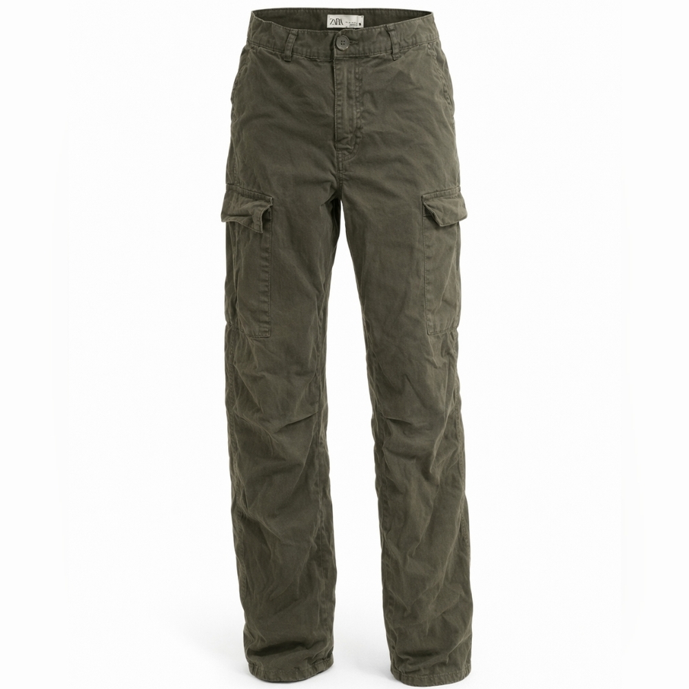 Zara Olive Green Cargo Pants | Size 8 | 15.5" Waist Flat Lay | 40" Length